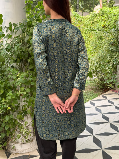Ajrak Bluish Cyan Shade Mashru Silk, Short Kurta