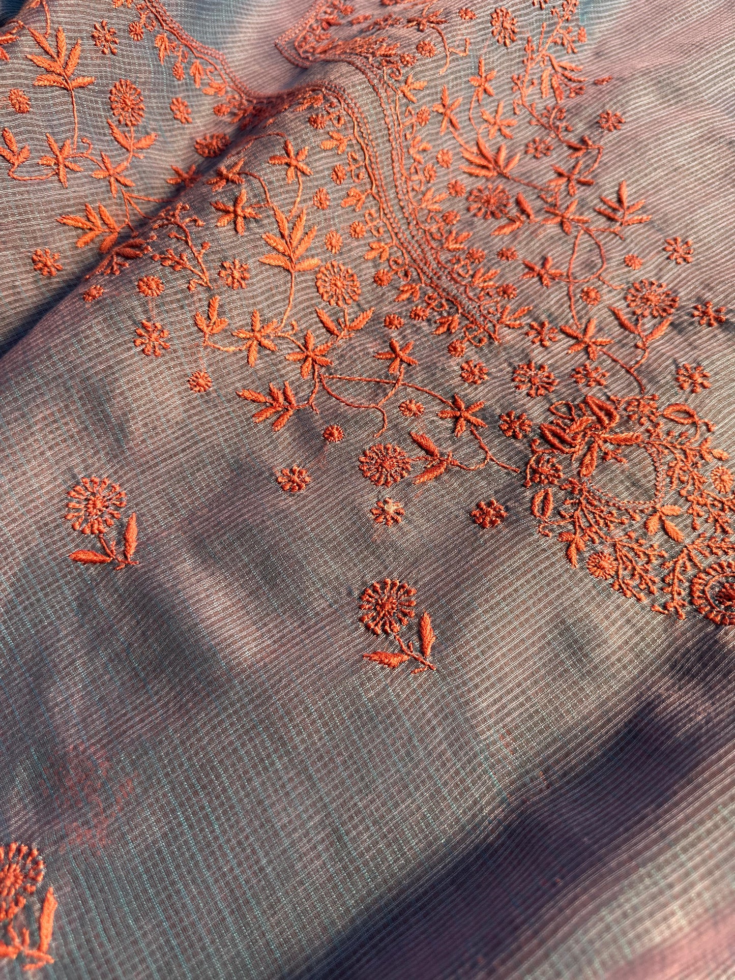 Blue & Pink Kota Chikankari Unstitched Fabric