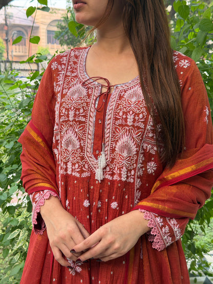 Rust Red Tissue Silk Chikankari Angarkha With Ari & Beads Work