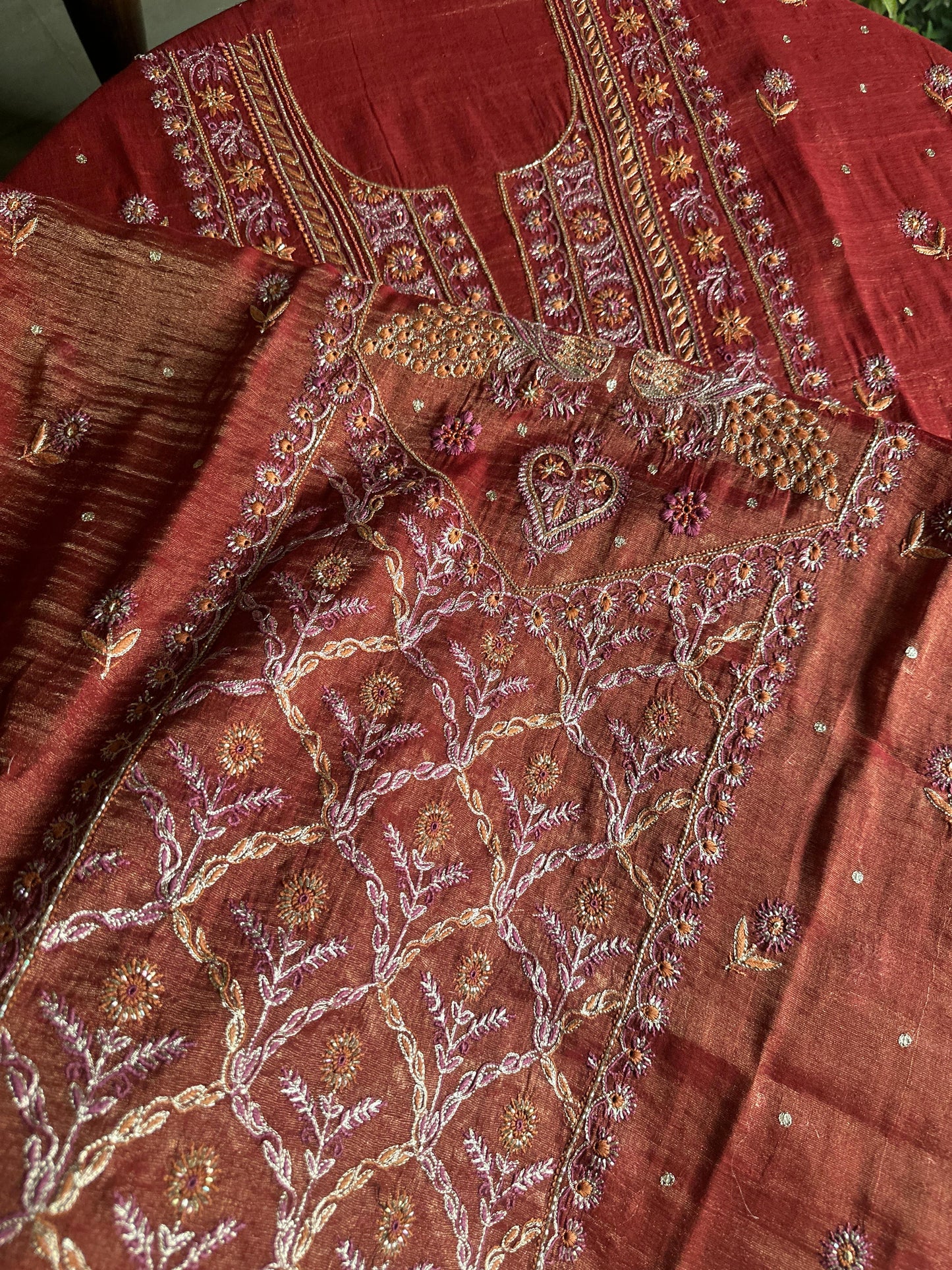 Red Tissue Silk Chikankari Unstitched Fabrics