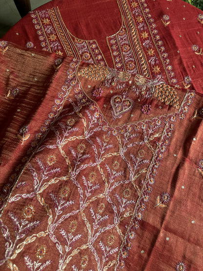 Red Tissue Silk Chikankari Unstitched Fabrics