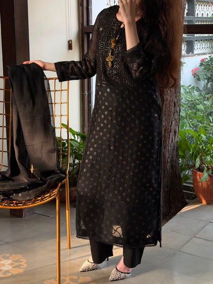 Black Kosha Mukaish Kamdani Noor Organza Chikankari Kurta Set
