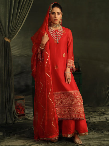 Red Katan Zari Chanderi Chikankari Kurta with Organza Dupatta & Sharara