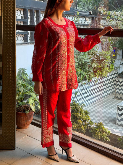 Crimson Red | Jacquard Sequins Chikankari Co-Ord Set