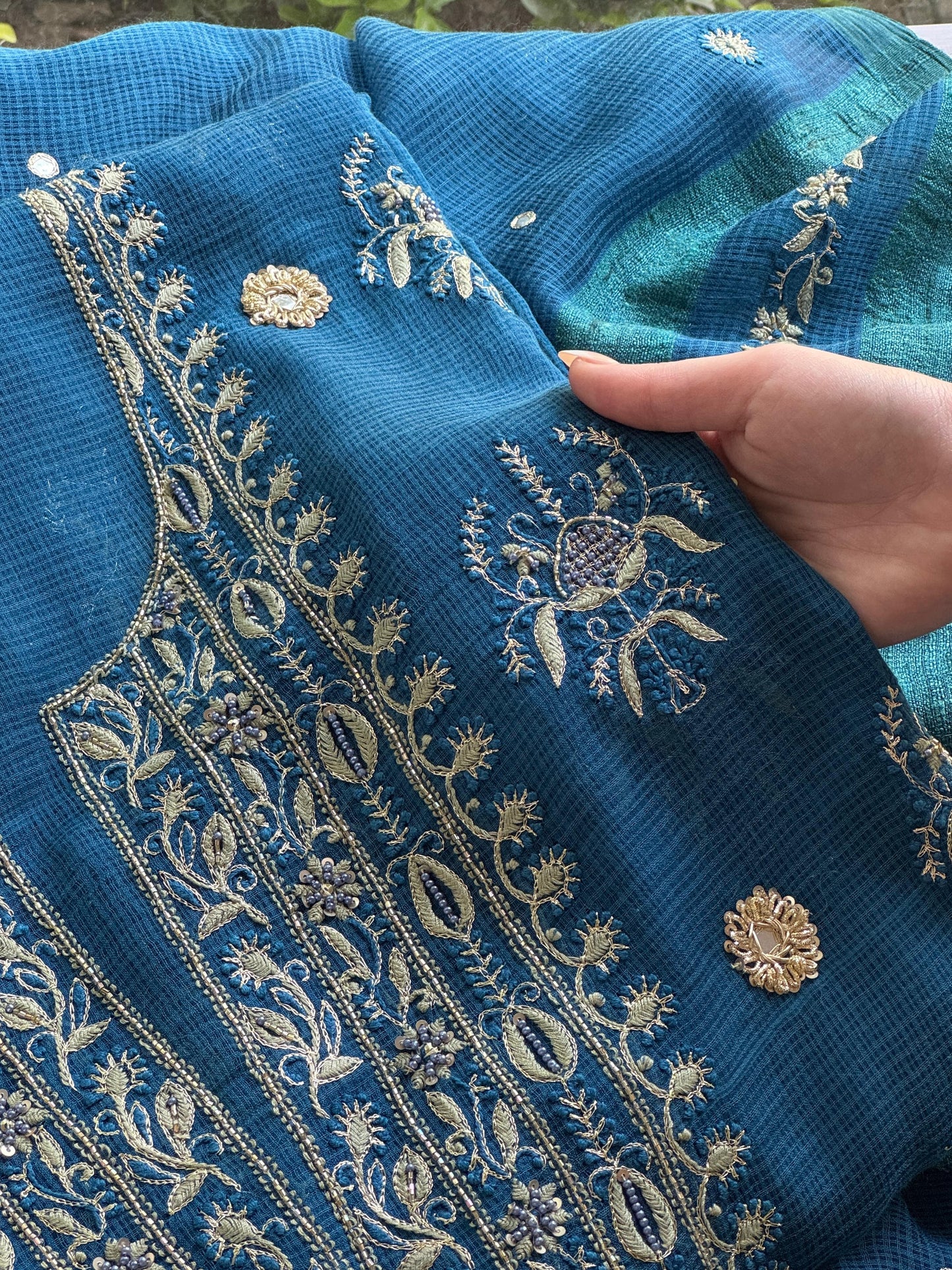 Blue Handloom Kota Chikankari With Mirror Work Unstitched Kurta Dupatta Set