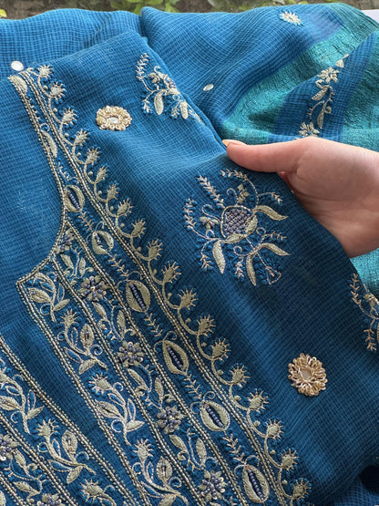 Blue Handloom Kota Chikankari With Mirror Work Unstitched Kurta Dupatta Set