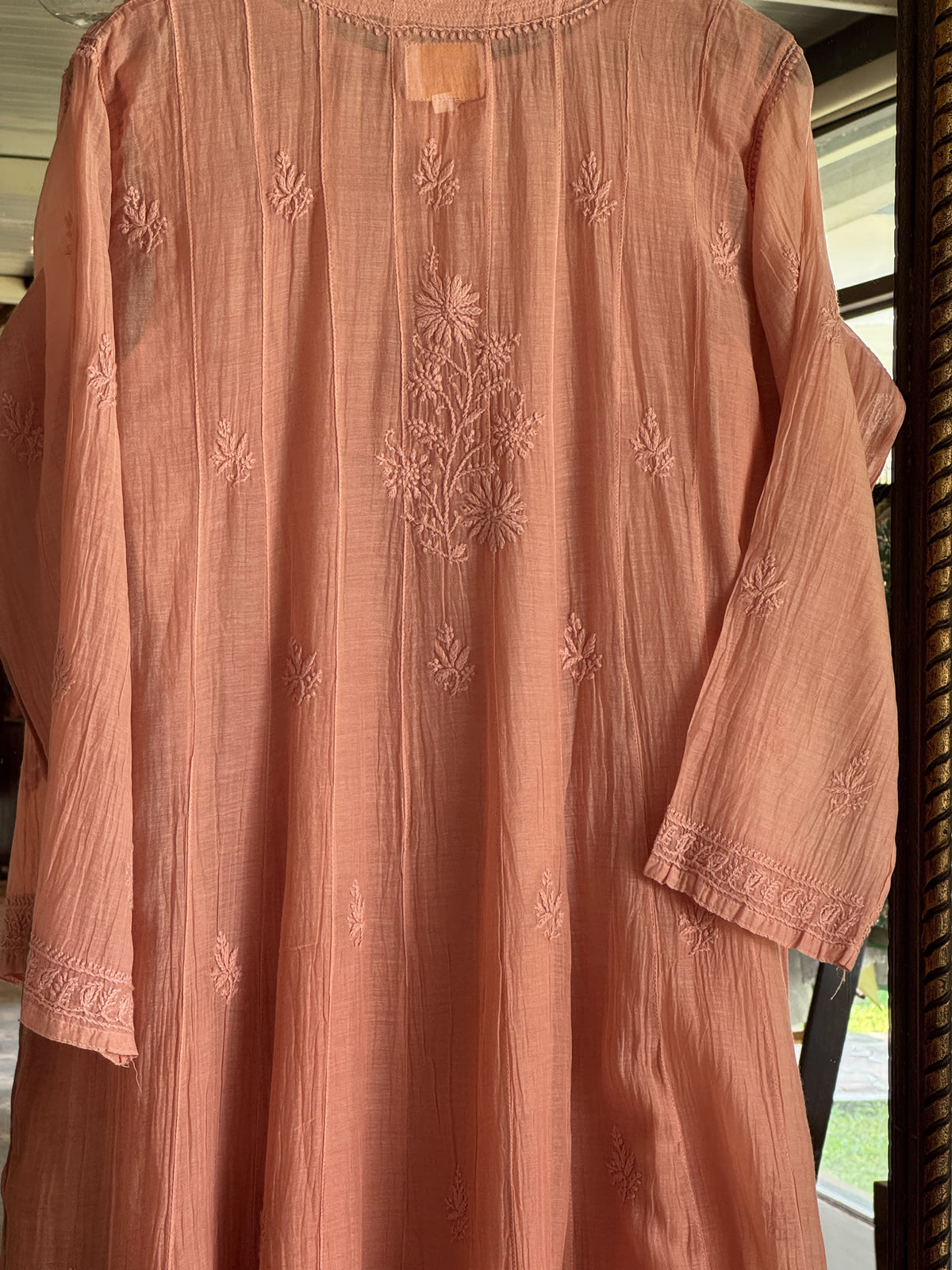Coral Peach Zari Chanderi Chikankari A Line Kurta with Slip