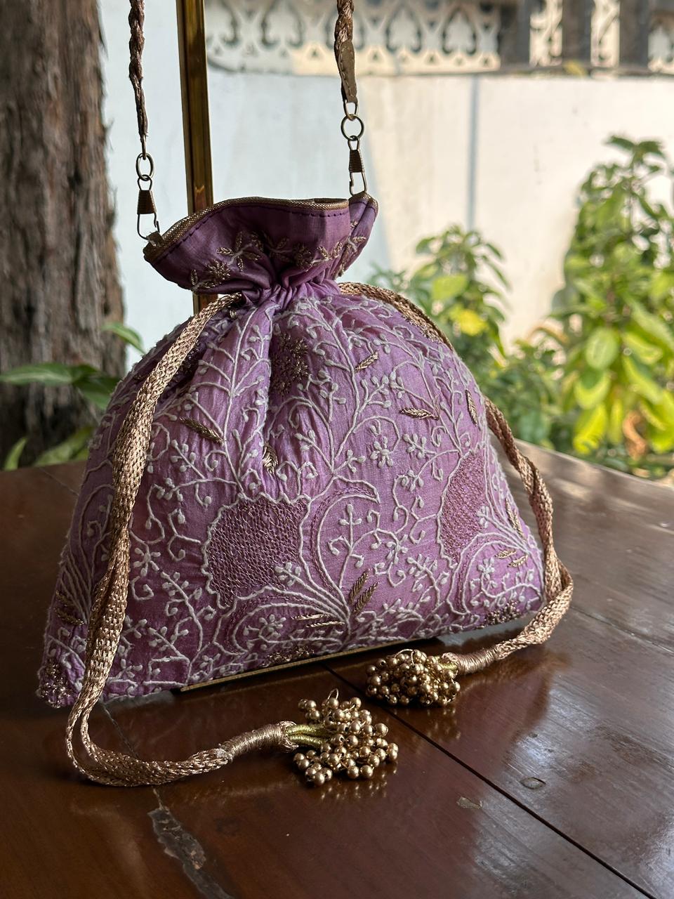 Lavender Raw Silk Chikankari Polti Bags