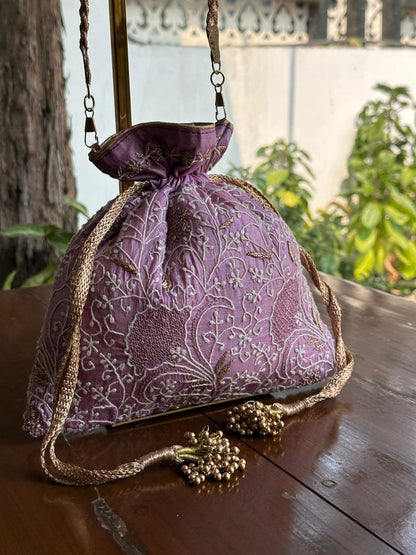 Lavender Raw Silk Chikankari Polti Bags