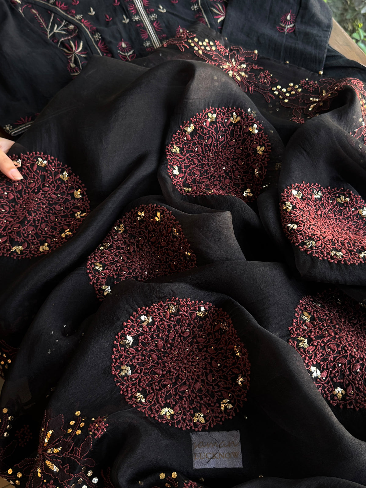 Black & Rust Red Shade Coral Motif Fine Chikankari Organza Mukaish Dupatta