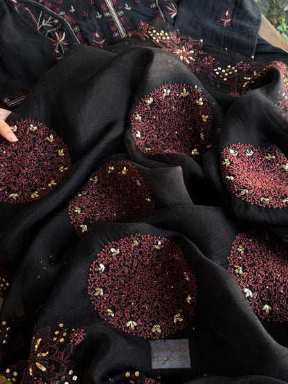 Black & Rust Red Shade Coral Motif Fine Chikankari Organza Mukaish Dupatta