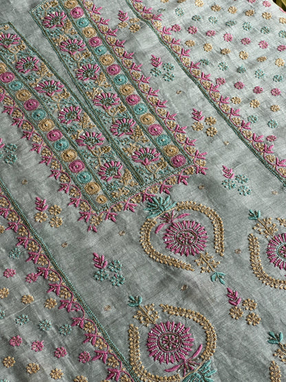 Pastel Mint Shade Rasm Silk Chikankari With Ari Work Unstitched Kurta Dupatta Set