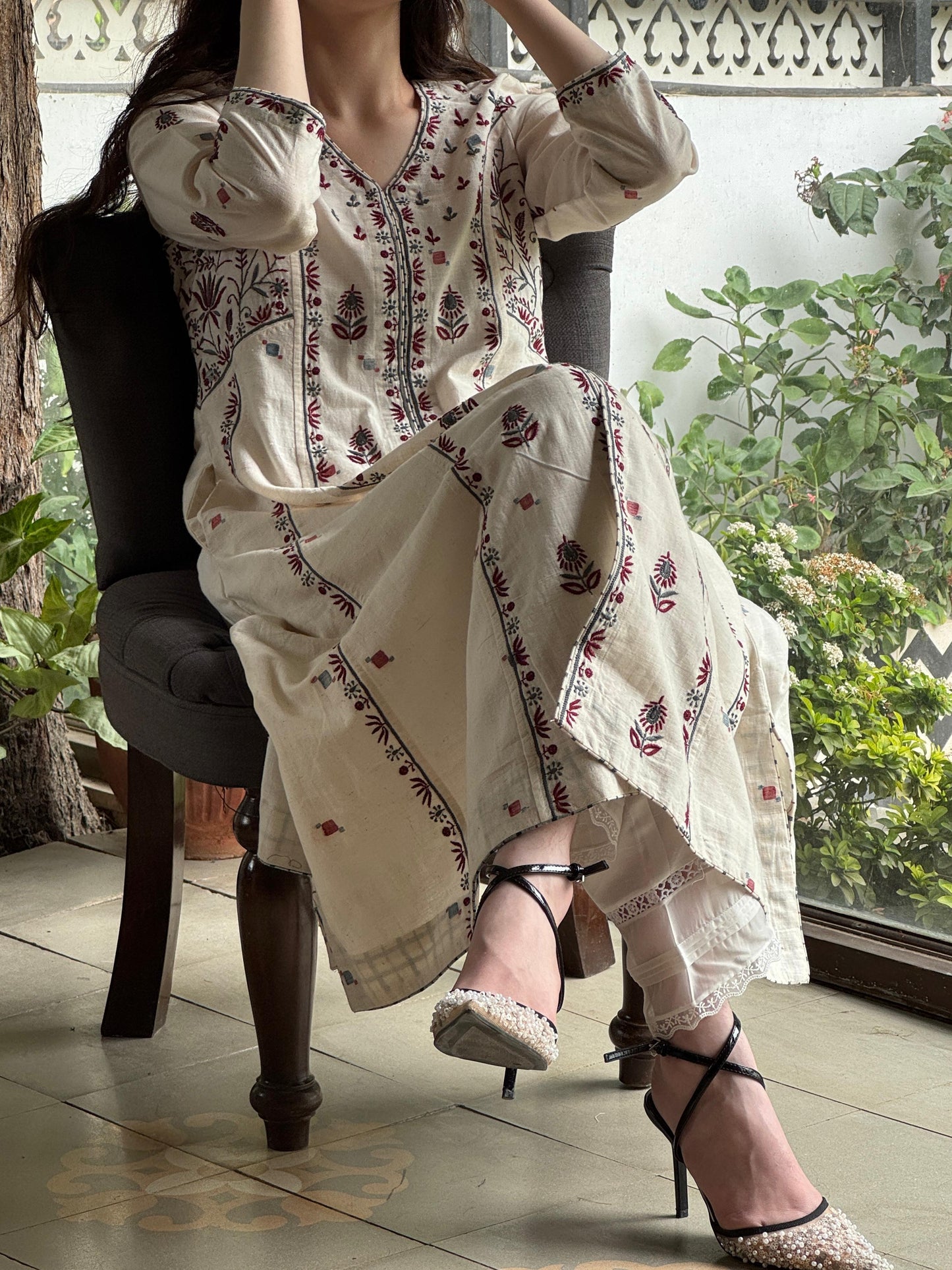 Off White Handspun Malkha Chikankari Panel Tunic