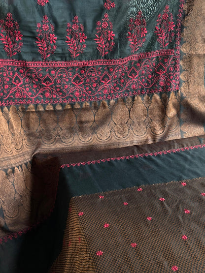Black & Red Chanderi Saree with Chikankari Embroidery & Banarasi Zari Border