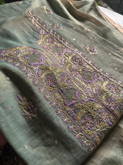 Sage Green & Purple Tissue Silk Chikankari Unstitched Fabric