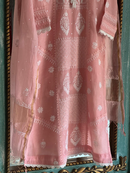 Pastel Peach Shade Malmal Pearl Work Chikankari Kurta With Dupatta