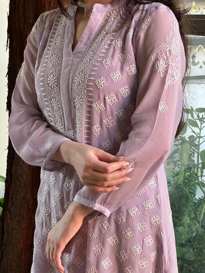 Lavender Chiffon Afghani Shalwar Chikankari Coord Set - Fine Chikankari Work