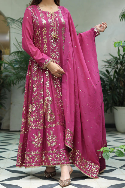 Plum Pink Shade Heavy Mukaish Badla Anarkali Suit Set