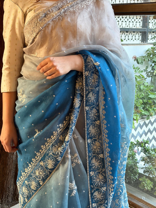 Tukdi Prussian Blue Organza Chikan Saree