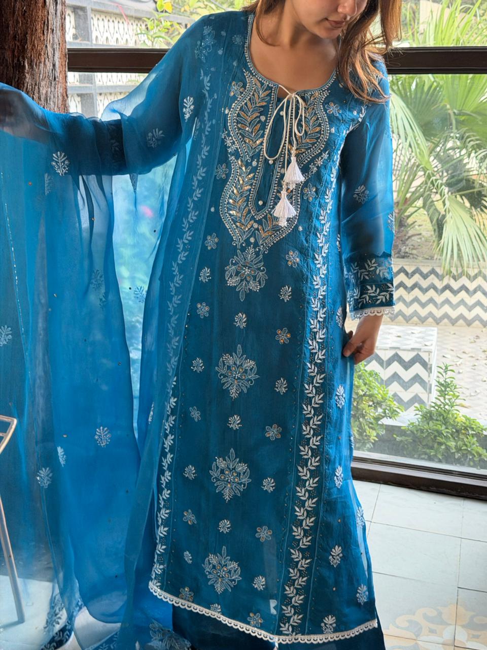 Azure Blue Shade Noor Organza Chikankari Applique Kurta Set