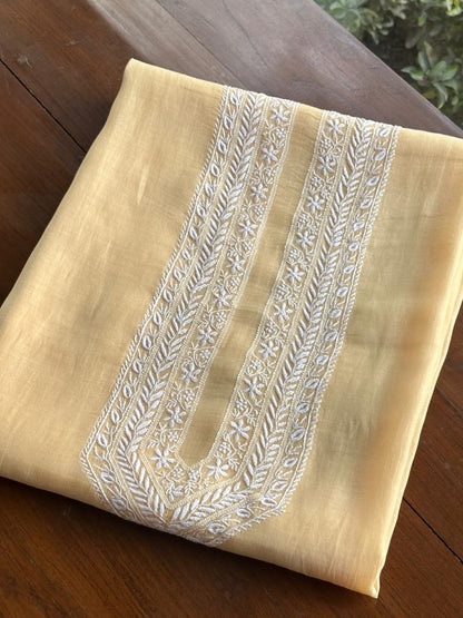 Yellow Mulmul Chikankari Unstitched Men's Kurtas Fabric