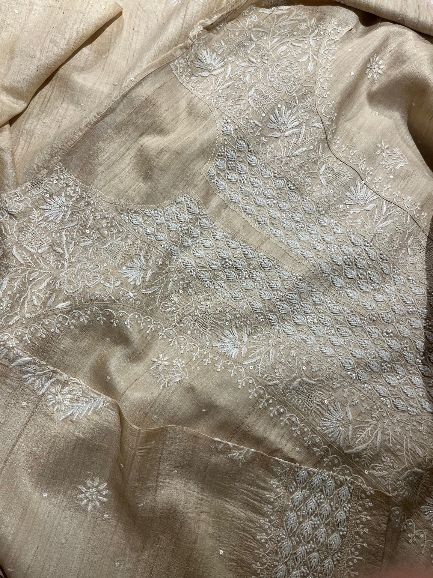 Semi Stitched Natural Tussar Silk Chikankari Kurta Dupatta Set