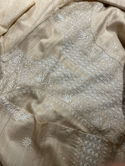 Semi Stitched Natural Tussar Silk Chikankari Kurta Dupatta Set