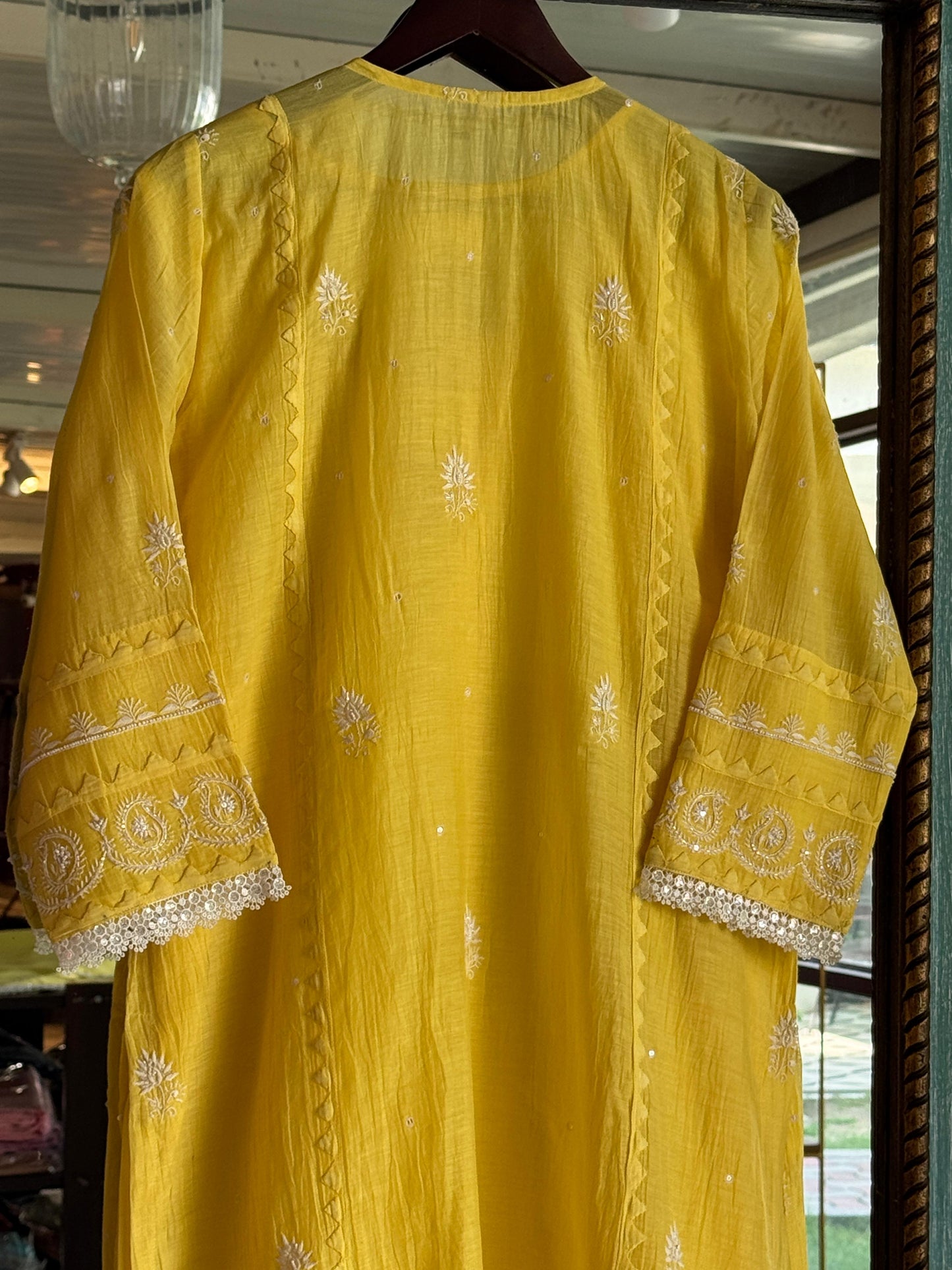 Yellow Mulmul Pearl White Chikankari Ready to Wear Kurta Set