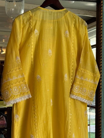 Yellow Mulmul Pearl White Chikankari Ready to Wear Kurta Set