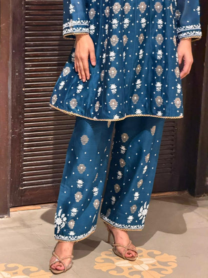 Navy Blue Zari Chanderi Chikankari Co-Ord Set
