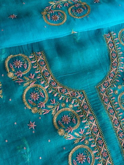 Peacock Blue Organza Banarasi Silk Chikankari Unstitched Kurta Dupatta Set