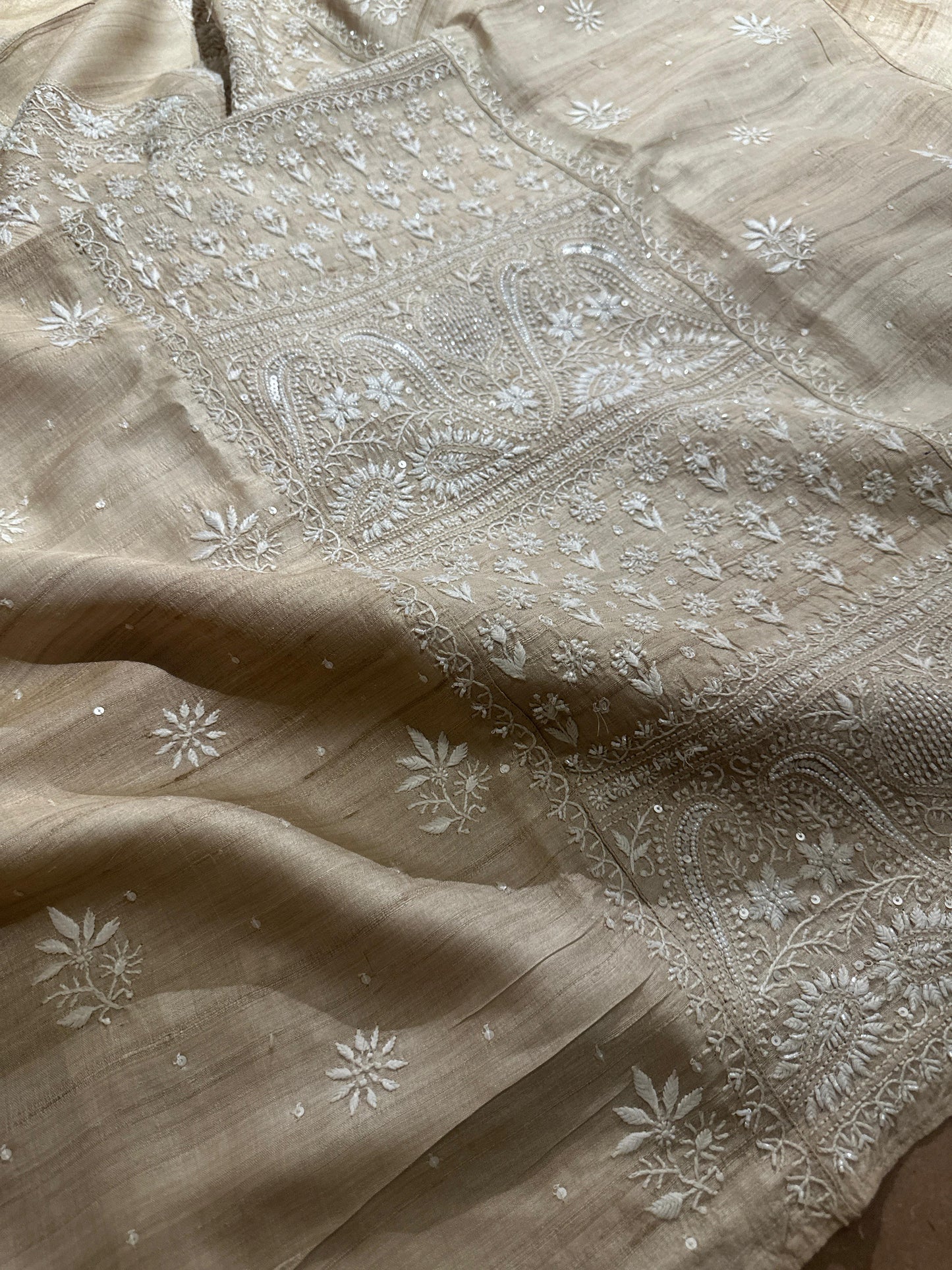Semi Stitched Natural Shade Tussar Silk Chikankari Kurta Dupatta Sets