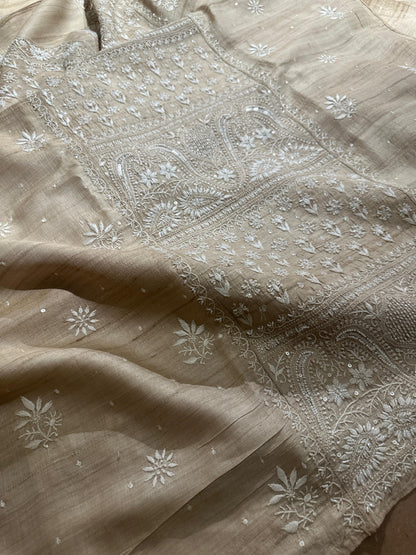 Semi Stitched Natural Shade Tussar Silk Chikankari Kurta Dupatta Sets