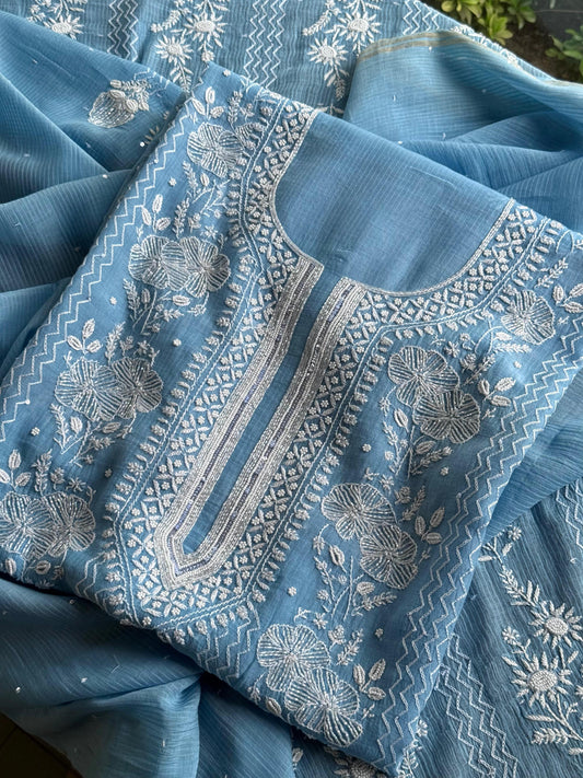 Blue Maheshwari Pearl Work Chikankari Unstitched Fabrics