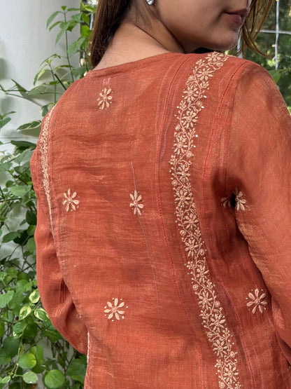 Rust Orange Tissue Silk Chikankari Straight Cut Kurta Dupatta Set