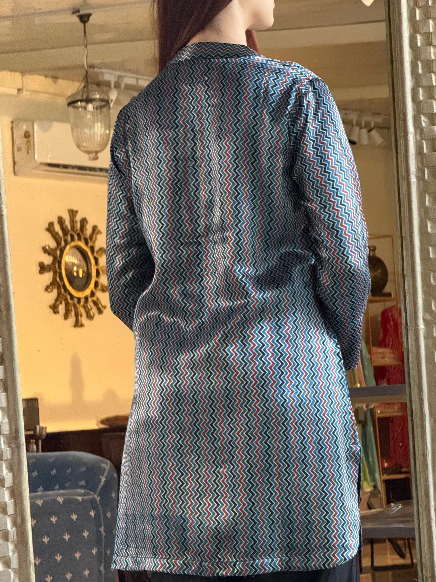 Ajrak Blue Multi Shade Mashru Silk, Short Kurta