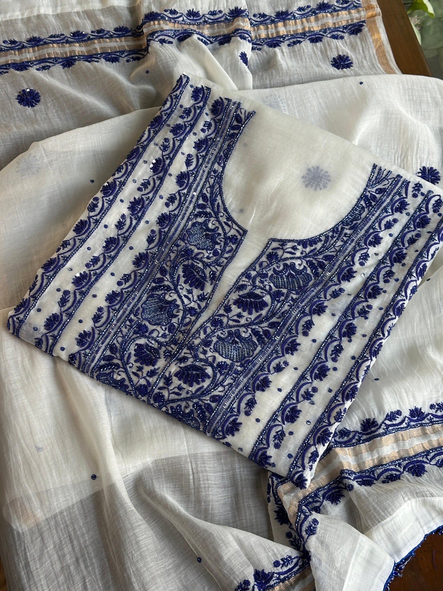 Indigo White Mal Chanderi Silk Chikankari Unstitched Fabric