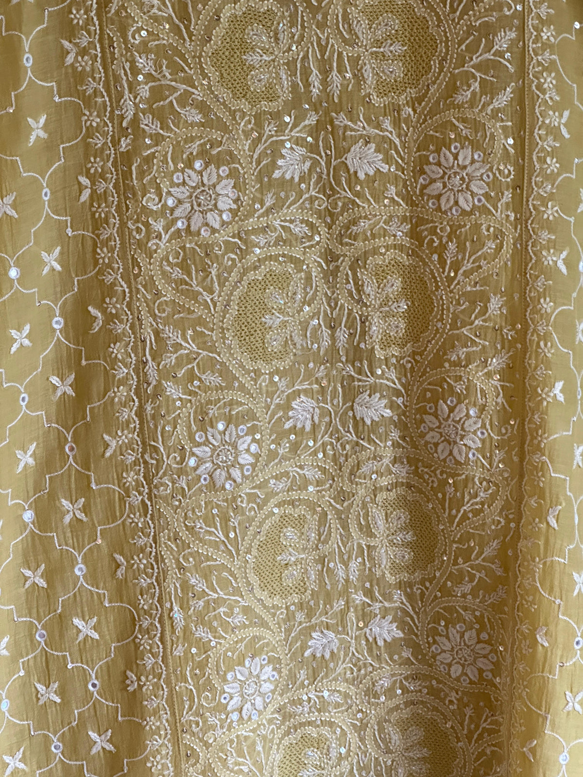 Yellow Shade Malmal Pearl White Chikankari Ready to Wear Kurta Set