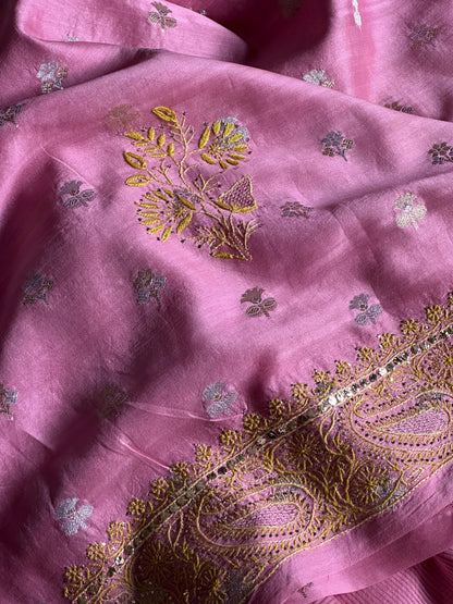 Pink Shade Zari Booti Fine Chikankari With Kamdani Work Unstitched Fabric
