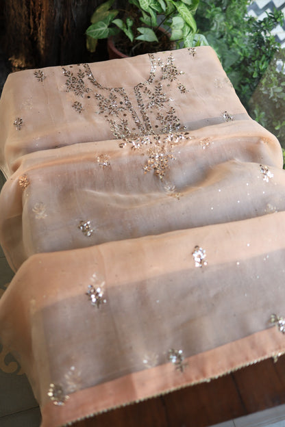 Peach Shade Noor Organza Silk Badla Unstitched Kurta Dupatta Set