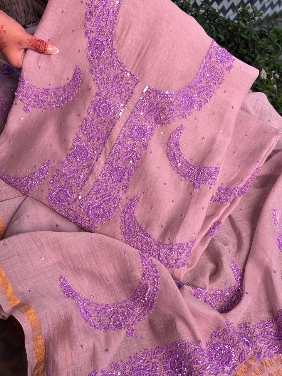 Latte Purple Crescent Chandbala Chikankari Unstitched Fabric