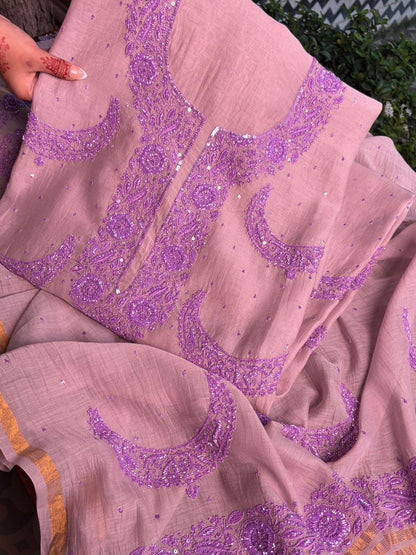 Latte Purple Crescent Chandbala Chikankari Unstitched Fabric