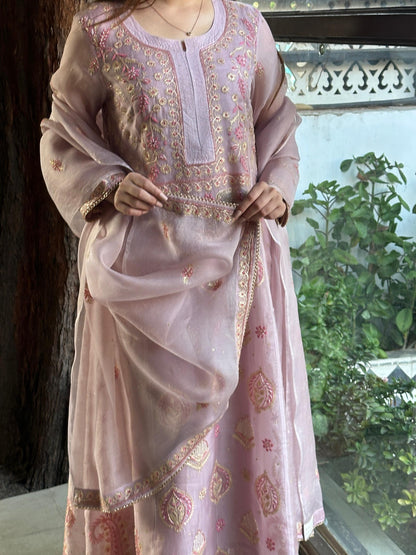 Mauve Pink Shade Noor Organza Chikankari A Line Kurta With Dupatta
