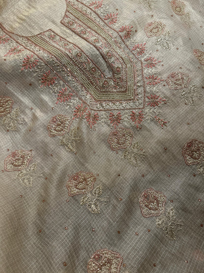 Beige Peach Tissue Kota Chikankari Unstitched Fabric