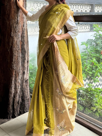 Green Shade Tussar Silk Gheecha Palla Kota Mukaish Resham Saree