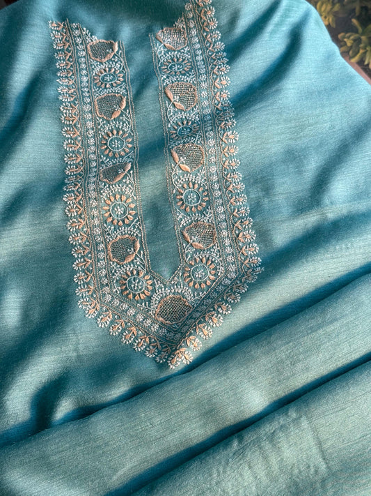 Green Shade Moonga Silk Chikankari Men’s Kurta Fabrics
