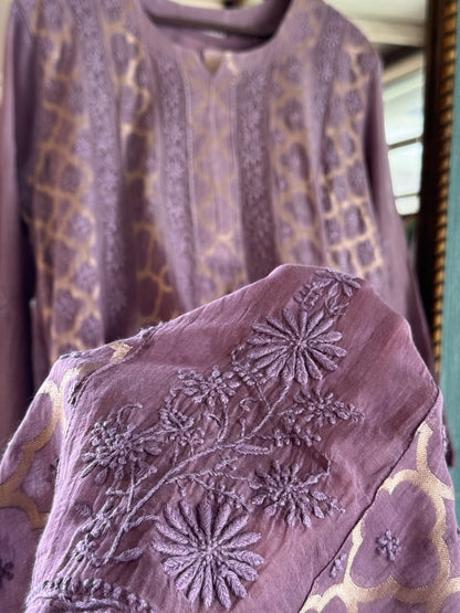Purple Lavender Zari Chanderi Chikankari A Line Kurta with Slip
