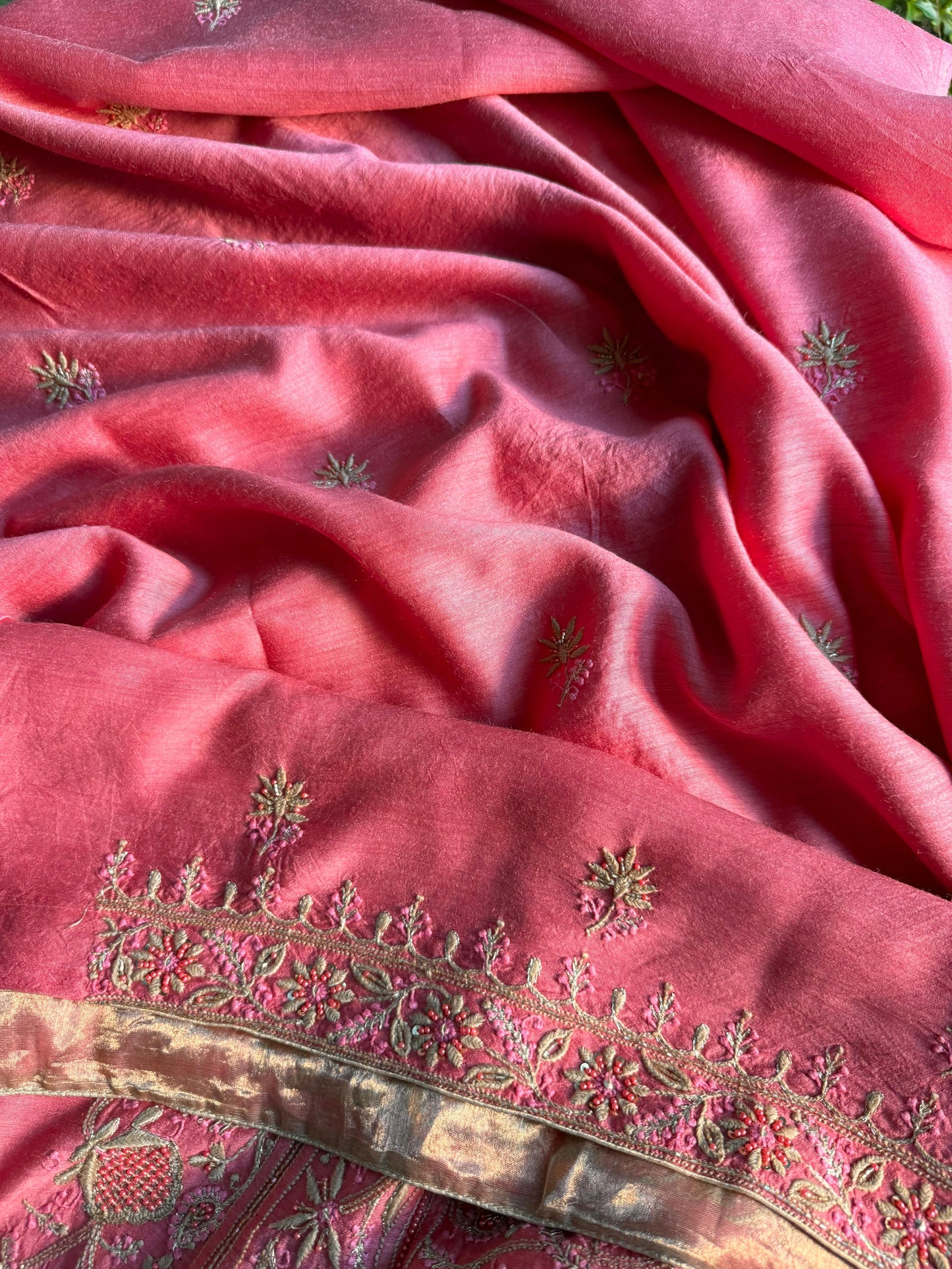 Pink Moonga Silk Chikankari Unstitched Fabric