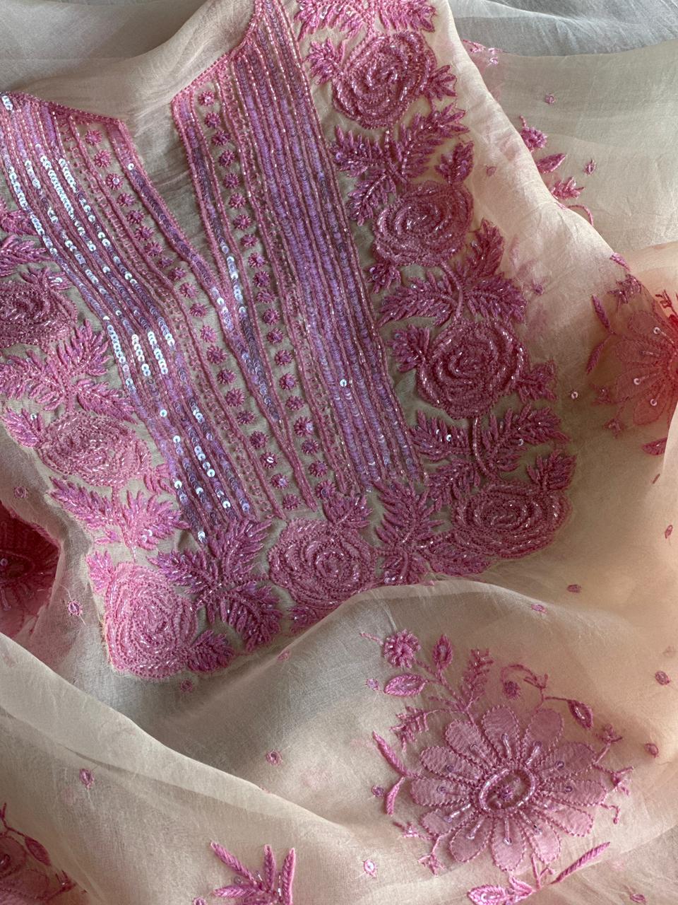 Ivory Shade Noor Organza Silk Chikankari Unstitched Kurta Dupatta Set