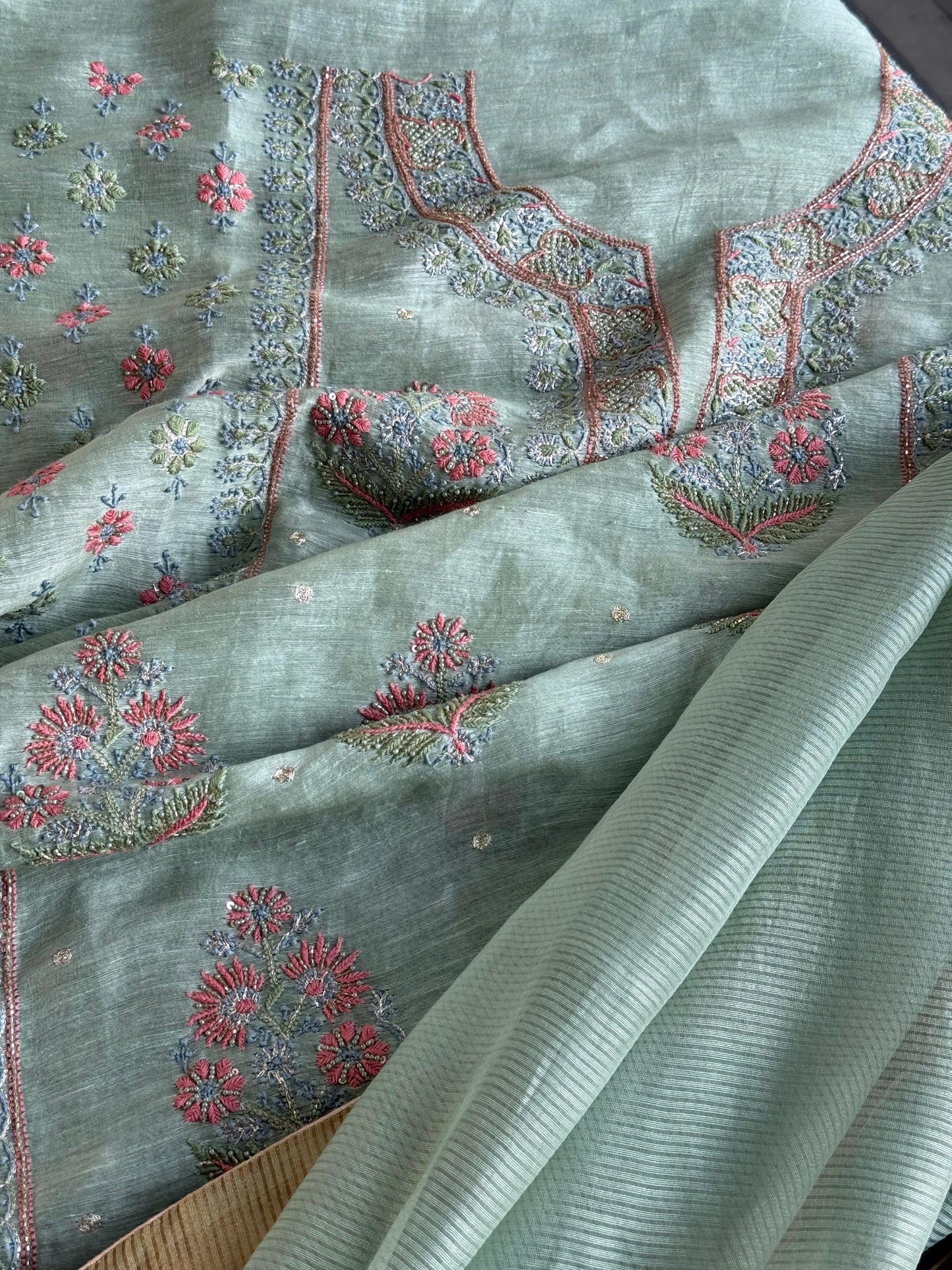 Mint Green Linen Silk Chikankari With Ari Work Unstitched Kurta Dupatta Set